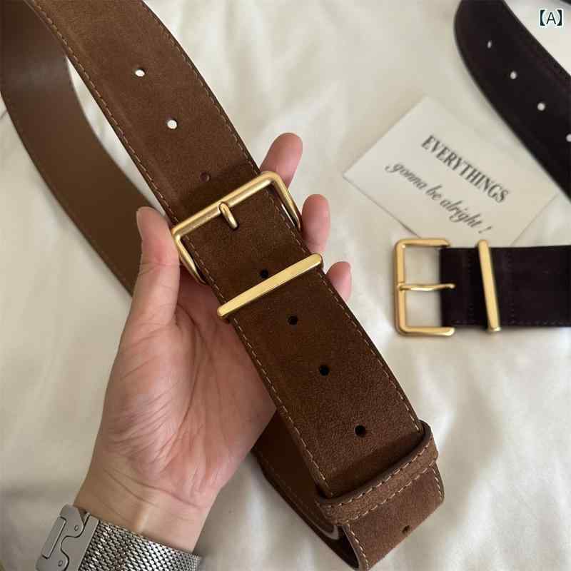 女性用 ベルト ファッション Onetk ワイド ベルト レディース ファッション ウエスト シール レトロ ゴールドバックル 二 層 牛革 スエード 高級 ブラウン