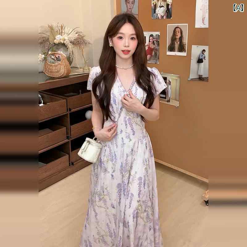 サスペンダー スカート サスペンダー スカート 2025夏の 女性用 フレンチ パープル フローラル ドレス ホット スタイル 小さい サイズ とても 素敵な ウエスト ロング スカート