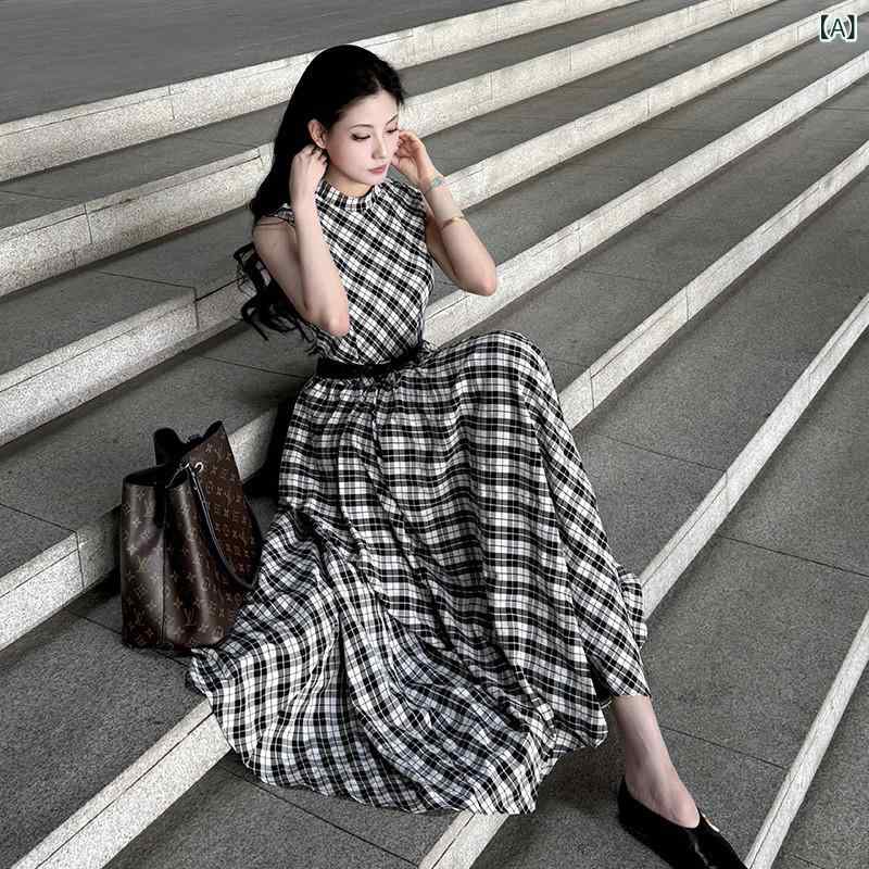 サスペンダー スカート サスペンダー スカート フランスの 高級 チェック 柄 ワンピース 女性用 夏 2025年 ホットな 美しい ウエスト スリム ロング スカート