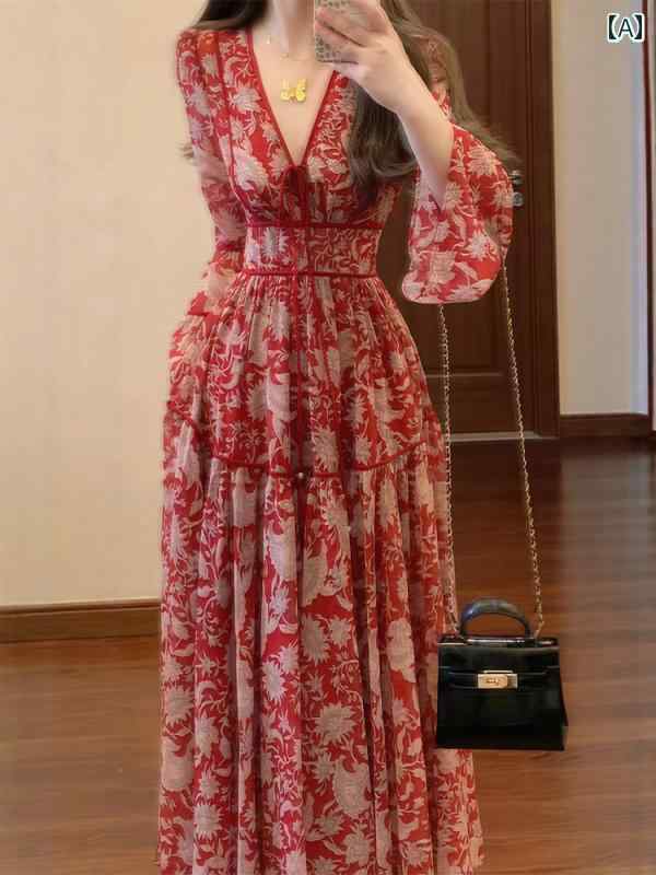 サスペンダー スカート サスペンダー スカート 夏の レディース ナショナル レトロ 赤い Vネックの 花柄 ドレス 大きめ サイズ 太い mmの ホリデー ウエストの 美しい ロング