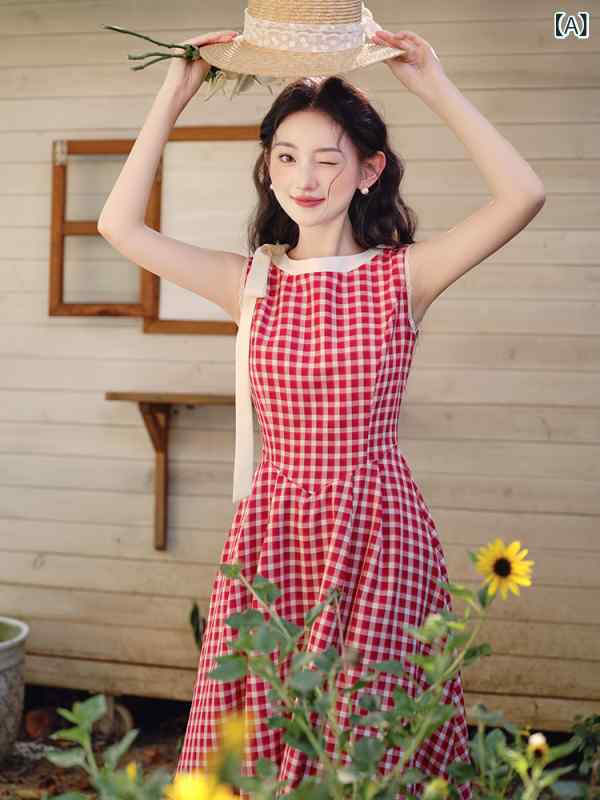 サスペンダー スカート サスペンダー スカート フランスの 赤い チェック 柄 ワンピース 2025夏 甘美な 女の子 優しい 雰囲気の ノースリーブベスト