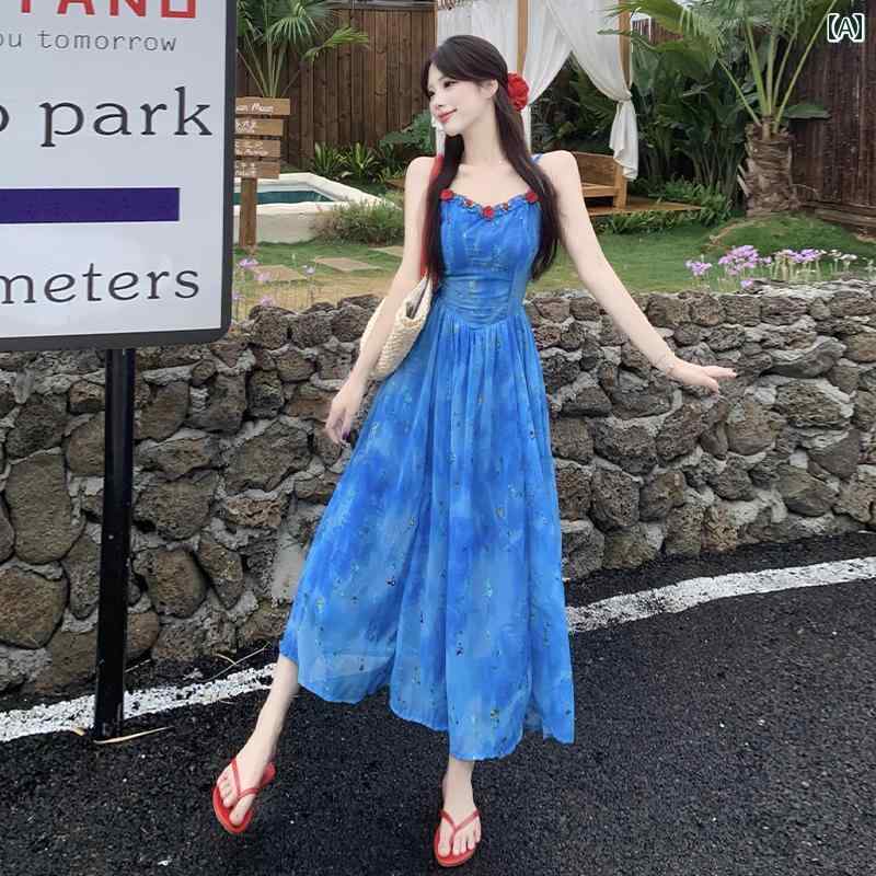 サスペンダー スカート サスペンダー スカート フランスの ホリデー 青い サスペンダー ドレス 女性用 2025夏 美しい ウエスト スリム 花柄 ロング