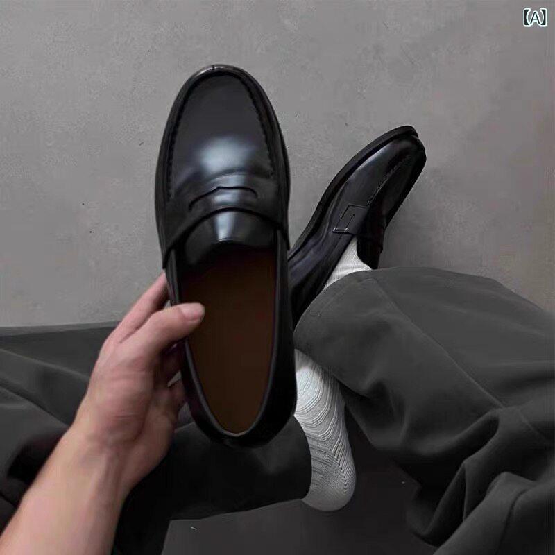 メンズローファー シューズ メンズ スリッポン 置き目毛皮 見えない 身たけ 引きあげる シューズ 黒いこと 山高帽子 商行為 フォーマル 通い用の ゆったり 丸い・円い つま先 なめし革シューズ