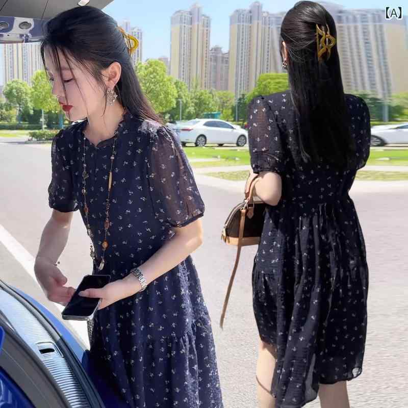 サスペンダー スカート サスペンダー スカート フレンチ 花柄 Vネック 半袖 ワンピース 女性用 2025夏 ウエスト 痩せ ミドル 丈 aライン スカート