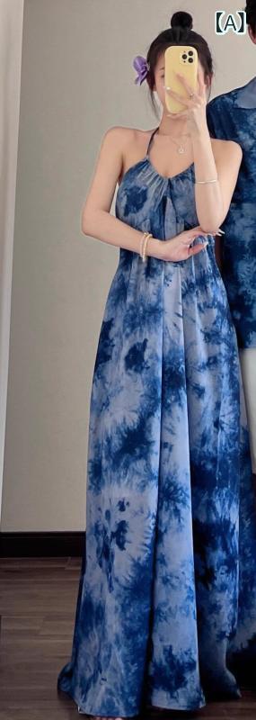 サスペンダー スカート サスペンダー スカート カップルの 服装 2025夏 フレンチブルーの タイ ダイ 柄 サスペンダー ドレス ダリの バケーション 半袖 シャツ スカート 1枚 コート