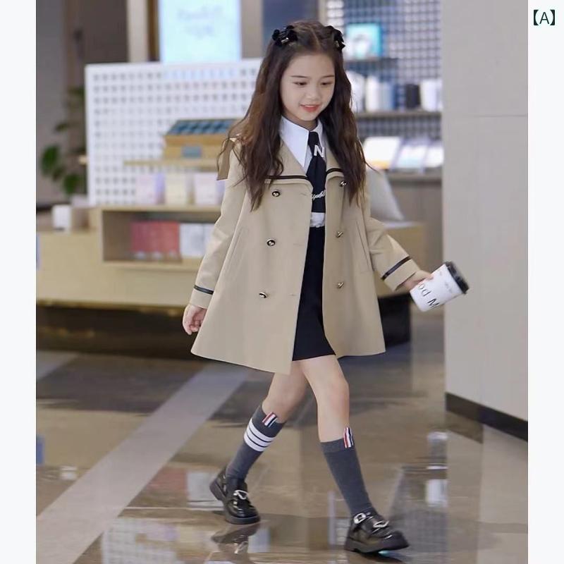 子供用 ジャケット 女の子 ミドル 丈 トレンチコート 春秋 中 大人 子供用の ダブルブレスト ネイビーカラー トップ 英国 風 韓国 コート
