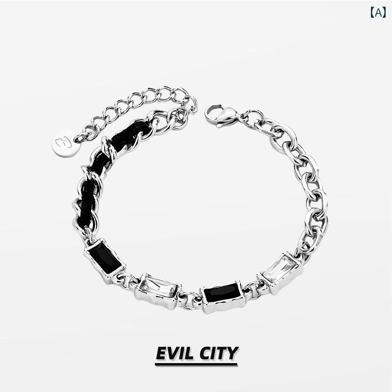 メンズ ブレスレット ファッション Evil City スター リング シルバー ブラック＆ ホワイト ジルコン ステッチ ブレスレット メンズ 精巧 レディース 520 ギフト