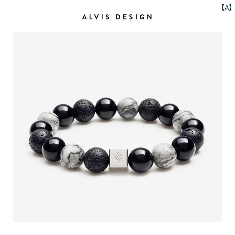メンズ ブレスレット ファッション ALVIS マップス トーン ブレスレット メンズ 火山 石 ハンド ビーズ ブラック アゲート カップル 男性 ギフト