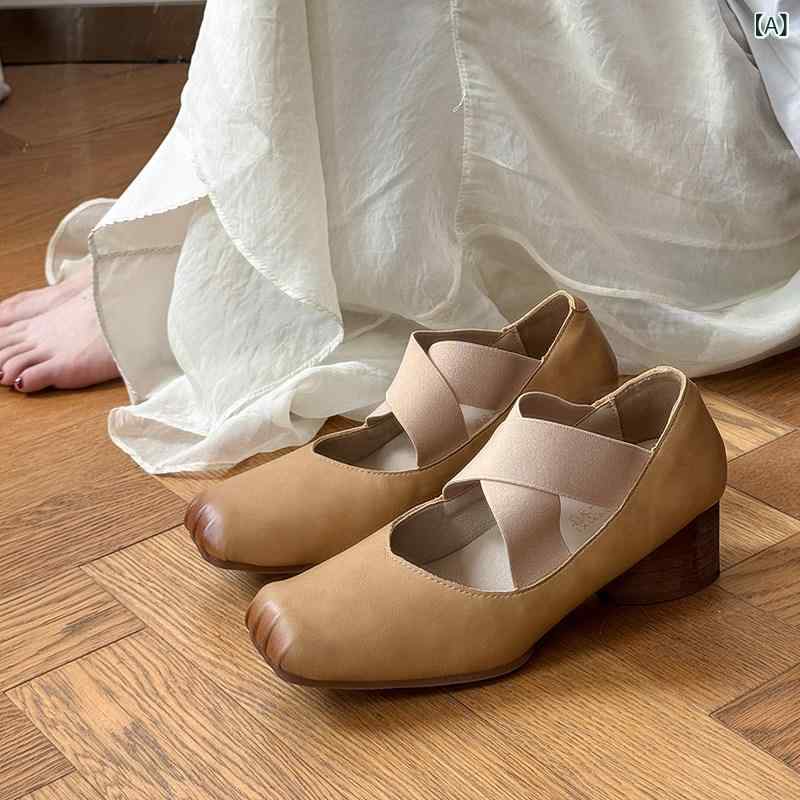 女性用 フラット シューズ フレンチ ミディアム 厚 ヒール バレエ メリージェーン シューズ 女性用 スモール レザーシューズ 2025年 ハイヒール 豚 鼻 浅い 口 シングル