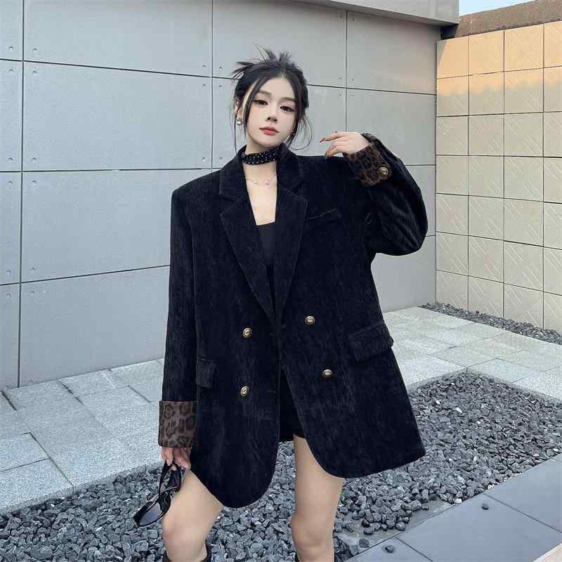 背広 上衣 レディース 感性の ある シェニール 黒いことの 弱められた 背広 上衣 成人女性 2025 春の レトロ ヒョウ 柄 編み目 とっ始め