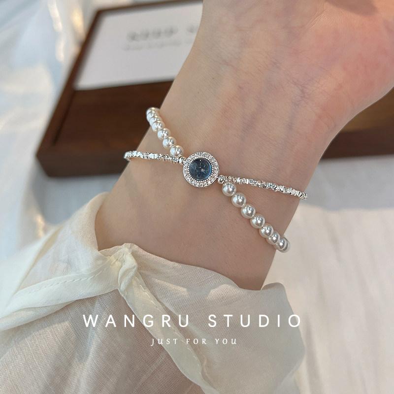 シルバー ブレスレット レディース Wangru スター リング シルバーアク アマ リン ブロークン シルバー パールブレスレット 女の子用 軽量 高級 精巧 女性 ギフト
