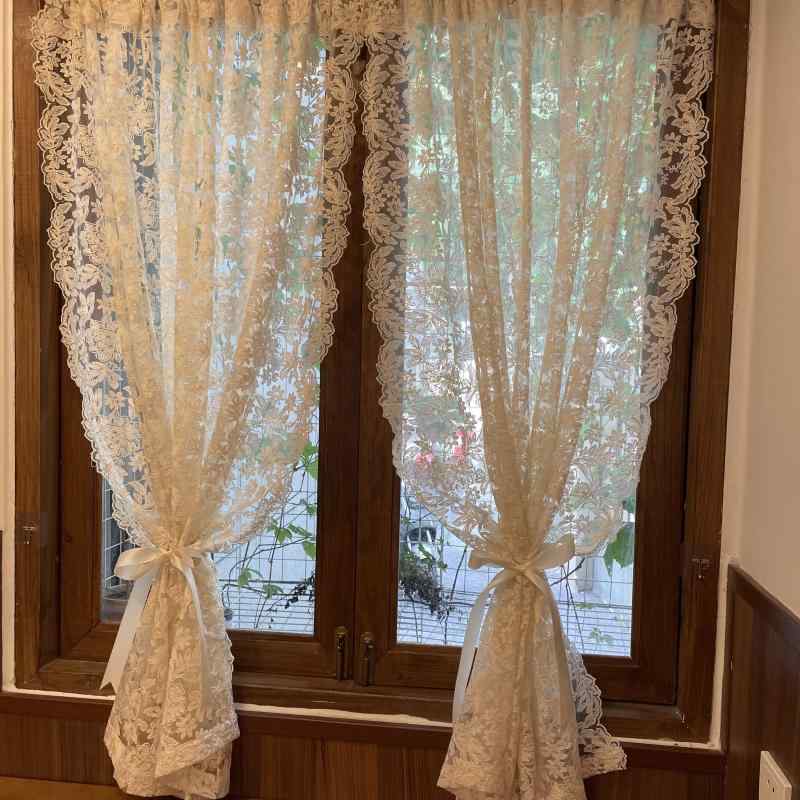レース フレンチ ショートカーテン アメリカン 田園 風 コットンレース カーテン ハーフ 刺繍 寝室 ドア 間仕切り キッチン 本棚 ショート