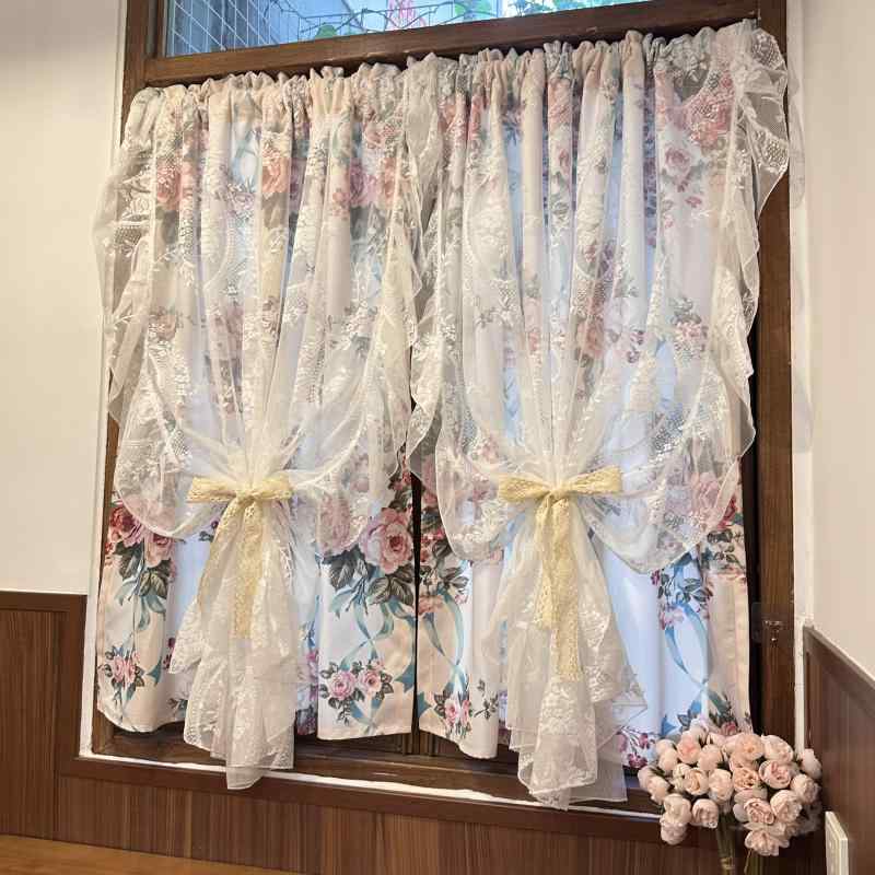 レース フレンチ ショートカーテン フレンチレースの 二 重層 ワンピース クリーム 色の 光 透過性と 不透明さ 半 遮 光性の フェアリー ロココ調 カーテン 間仕切り