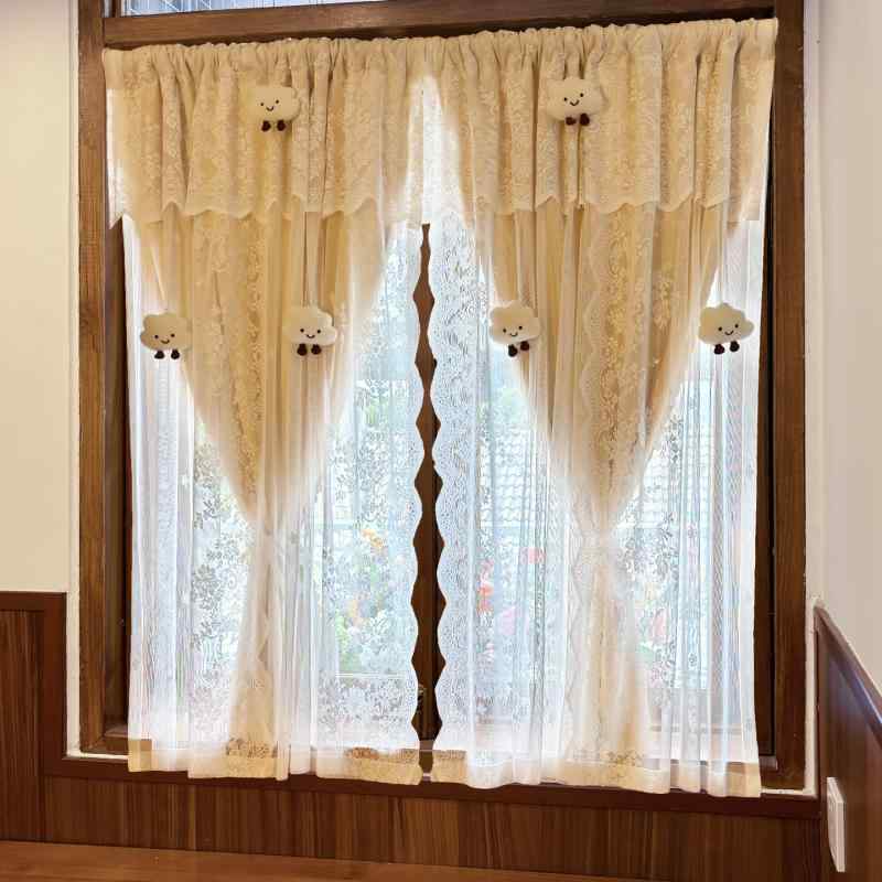 レース フレンチ ショートカーテン フレンチレース 二 重層 一 体型 カーテン ヘッド 子供 部屋 遮 光 寝室 出窓 ショート 畳 かわいい ドア