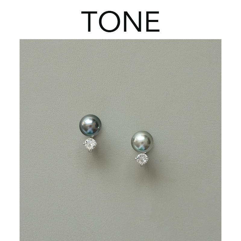 グレーパールイヤリング TONE シルバーグレー パール ジルコン 耳 クリップ 蚊取り線香 プレート 高級 シンプル エレガント ノン ピアス 女性