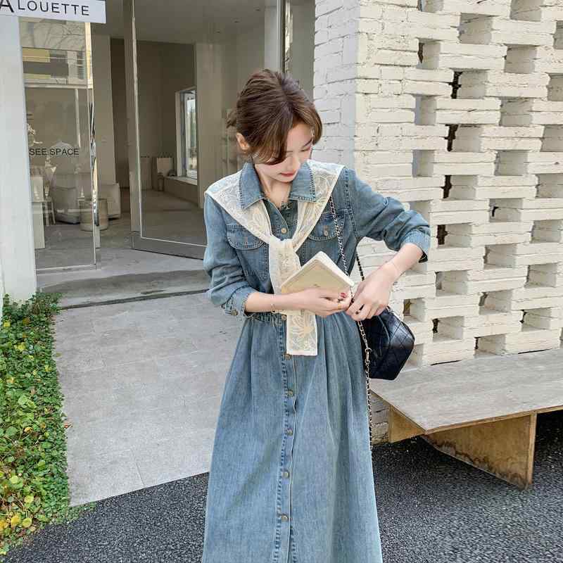エレガントなシャツワンピースレディース レース ショール デニム ドレス 女性用 2025 春 スタイル 美しい スリム シャツ ロング スカート｜北摂軽太郎便