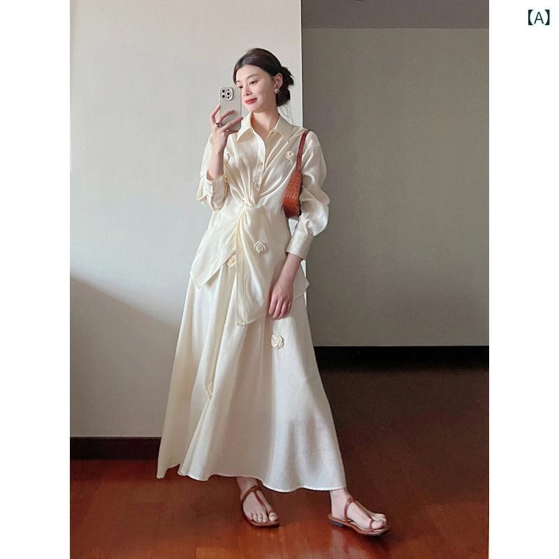 雅びやかなシャツワンピースレディース 春は 立体的な 花柄の お召しもの 背広の プルオーバーと ロング スコート 御前上等の な 背広 完膚なきまでな 仕掛けるを 着付ける します