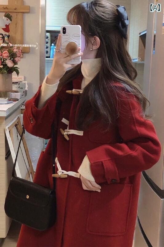 レディースウールコート アンチ 時節 赤いこと唐人笛 バックル カシミール厚地の外套の お上さん 秋冬 たわい無い 羊毛 厚地の外套 表現スタイル