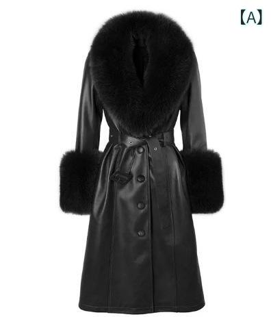コート レディース 秋冬 羊革 キツネ毛 毛皮 革 スリムフィット 高級感 暖か ロング丈 女性用 アウター