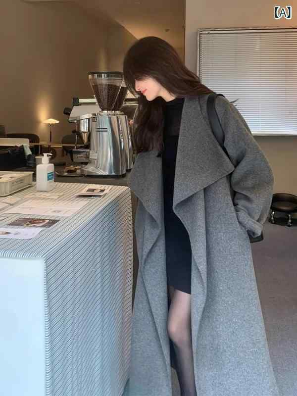 厚地の外套 レディース 薄墨色 ダブル人間の顔 羊毛 ロング丈 ゆったり影ぼうし 秋冬 情の籠もった アウター ツィード 工業 生まれ変わり衣料繊維 混 軽さ 防