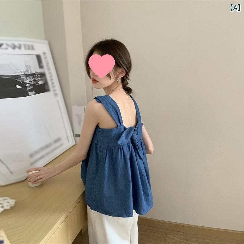 レディース ノースリーブ キャミソール トップス デニムブルー フィット 夏用 バックリボン カジュアル 普段使い 軽量 吸湿速乾 ブルー系 吊り紐 ブラウス 無袖 上衣