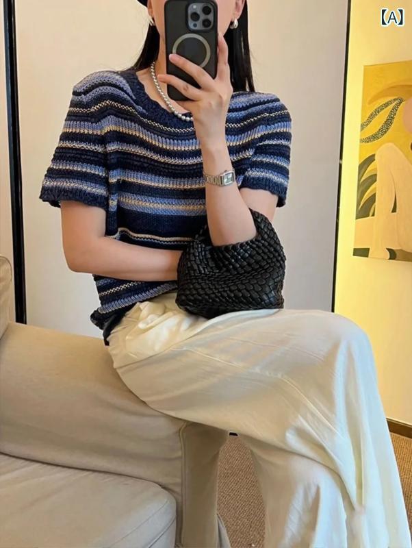 レディース 夏用 リネン 半袖 編み物 トップス メッシュ 縞模様 透け感 通気性 軽さ 涼感 綿混 普段使い走り 心地好い トップ プルオーバー 生まれ変わり衣料繊維 吸湿速乾