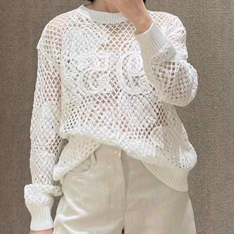 春夏 レディース クロシェ メッシュ 透け 編み物 トップス ゆったり 長袖 ジレー 流行り物 心地よい 軽さ 通気性 伸縮性 パステル色の 原料品 填まる 花の冠yd 座標