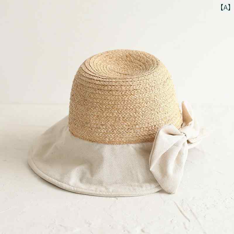 麦わら帽子 手編み ラフィア原料品 夏用 日よけ 顔押しかぶせる 無地 茶摘み 通気性 肩かけ 付き添い人 軽さ 防・鷹 UVとり捨てる 衣料繊維 アウトドア 普段使い