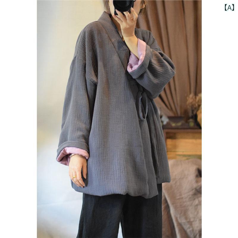コート レディース 秋冬 漢服 中国 綿麻素材 保温 暖か 紐付き しわ加工 軽量 伸縮性 通勤用 普段使い｜北摂軽太郎便