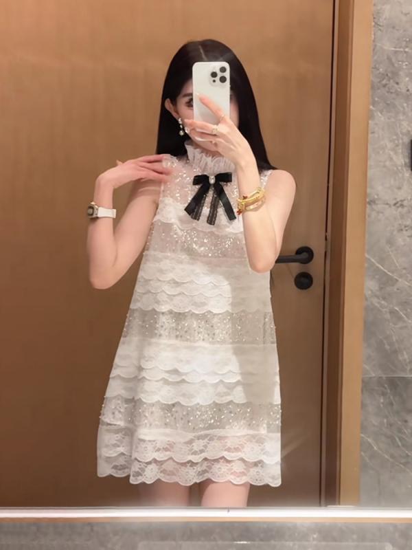 レディース ワンピース Aライン ハイウエスト レース 蝶結び リボン 夏用 上品 高級感 軽やか エレガント 女性らしい シルエット 膝丈 フェミニン スタイル 通勤 普段使い