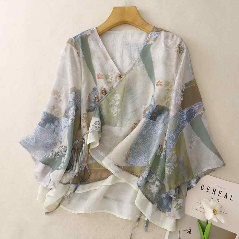カーディガン Tシャツ 夏 エスニック レトロ ラミー 二重 ガーゼ オープン トップス 通気性 軽量 涼しい 綿混 デザイン