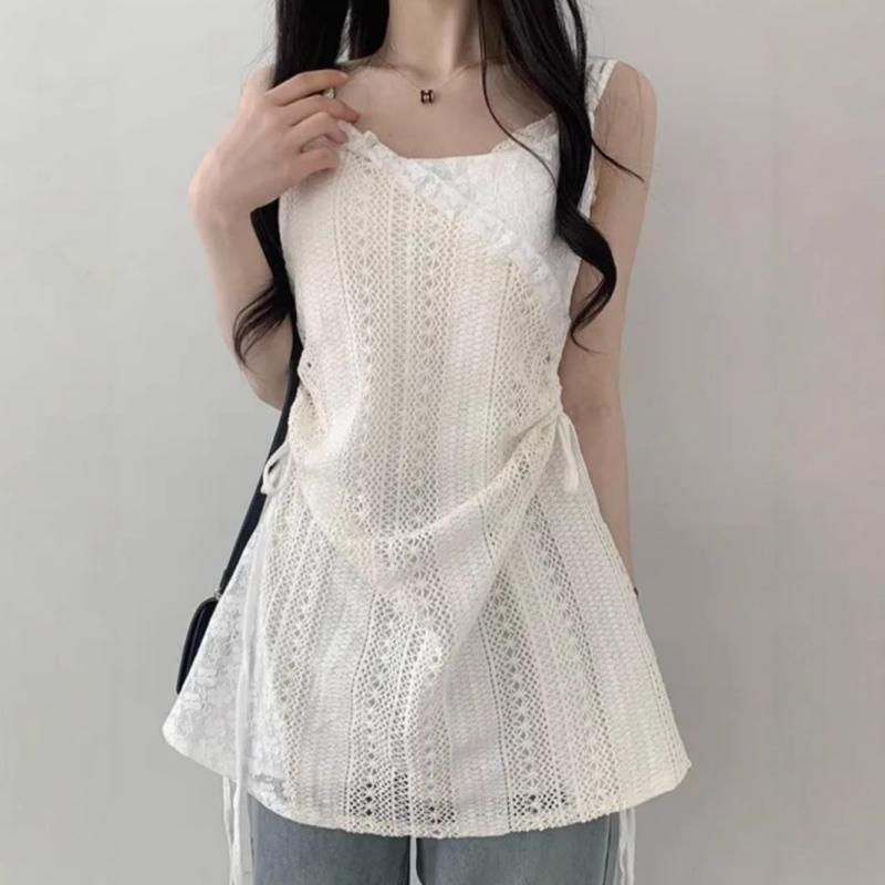 レディース レース ストラップ キャミソール トップス ドローコード ウエスト シェイプ ブラウス レイヤード シフォン インナー スカート ショート スカート 軽量 透け感 かわいい 普段使い