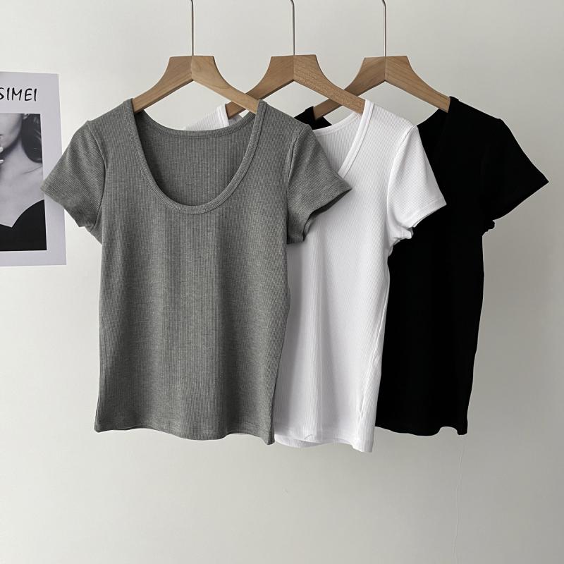 Tシャツ レディース 夏 スリムフィット スリム見せ コーディネートしやすい シンプル Uネック リブ 無地 短袖 トップス 普段使い 伸縮性 軽量 コットン