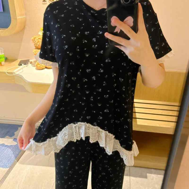 ルームウェア レディース 春夏 小花柄 フリル スタイルアップ ゆったり 短袖 ロングパンツ 部屋着 セット 快適 ホームウェア