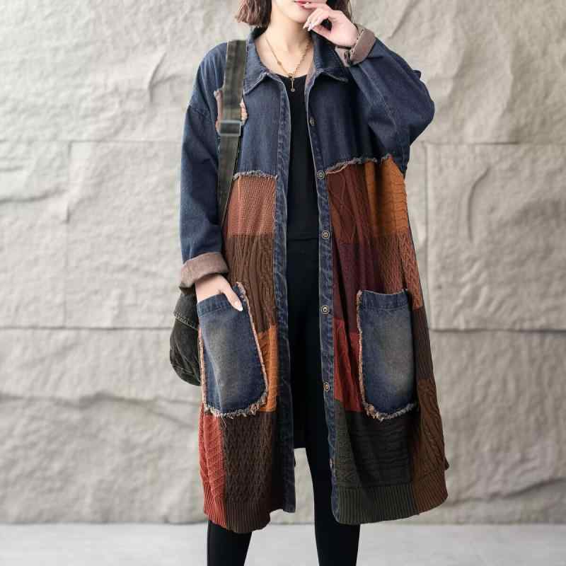レディース ニット 切り替え 中長丈 デニム コート 春 ゆったり カジュアル 上品 アウター ジャケット 軽量 伸縮性 吸湿速乾 通勤 普段使い