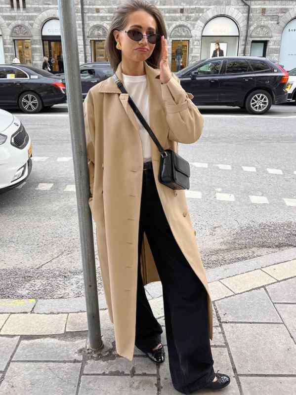 トレンチコート ロング丈 カーキ色 ダブルブレスト フレンチスタイル 春 コート アウター 欧米 シンプル 軽量