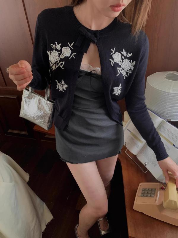 レディース 編み物 ジレー 手刺しゅう ビーズ 花柄 レトロ 暗然たる青碧 トップス プルオーバー ビンテージ 表現スタイル パステル色の 原料品 刺しゅう