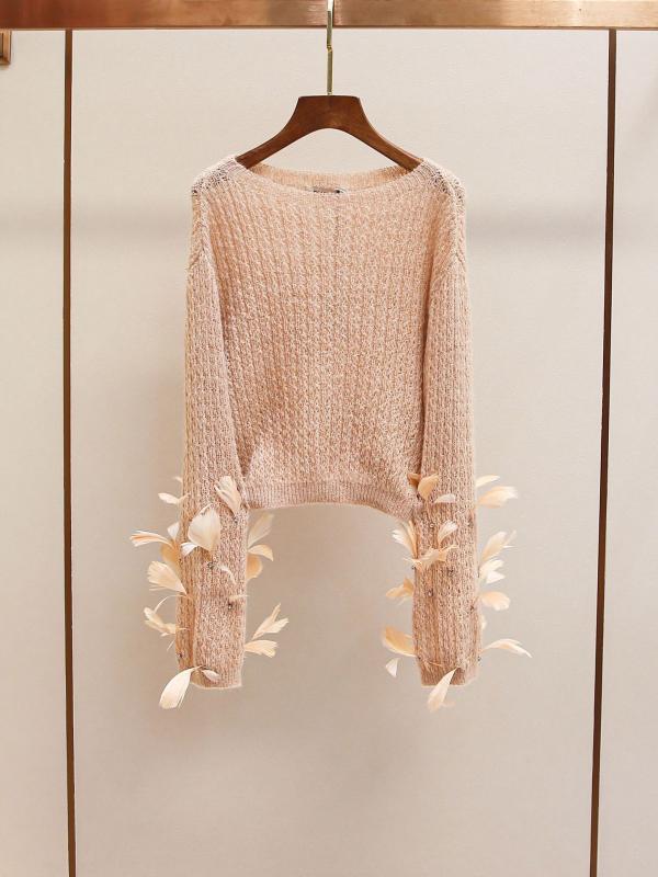 春 レディース ニットセーター 韓国 かわいい プリンセス 切り替え 羽毛 透かし トップス フェミニン デザイン 軽量 伸縮性