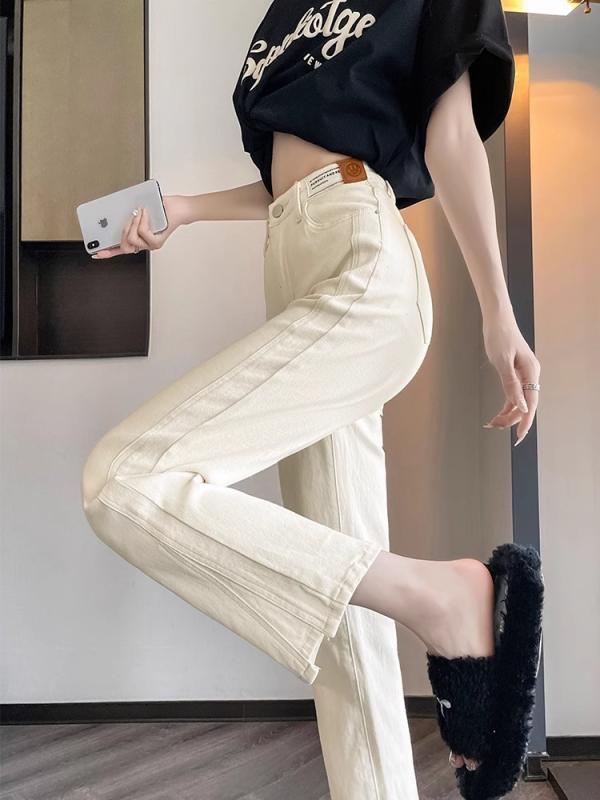 デニムパンツ レディース ハイウエスト 9分丈 直筒 オフホワイト 春秋 裏起毛 小柄対応 スリム効果 デニム素材 ストレッチ 普段使い 通勤用 軽量 快適