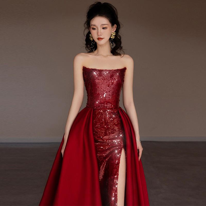 ワンピース レディース 夏 結婚式 チューブトップ 赤 フレンチスタイル イブニングドレス 婚約 パーティー 普段使い ストラップレス 軽量 伸縮性