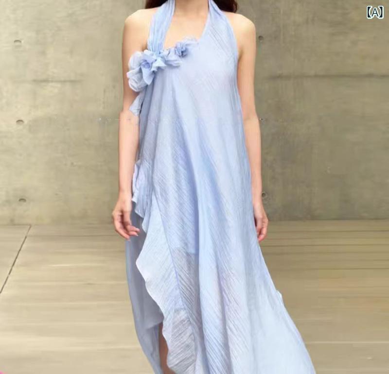 レディース ワンピース ブルー Vネック ストラップ 収腰 フレアスカート 女性らしい シルエット 軽やか デザイン ファッション スタイル｜北摂軽太郎便