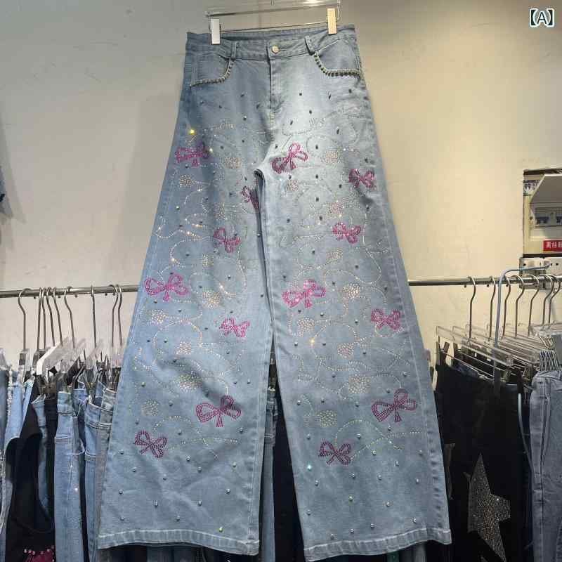 レディース デニムパンツ ハイウエスト ゆったり ストレート リボン クリスタル装飾 ビッグサイズ 高級感 細見え ルーズフィット デニム素材 伸縮性 普段使い 通勤用