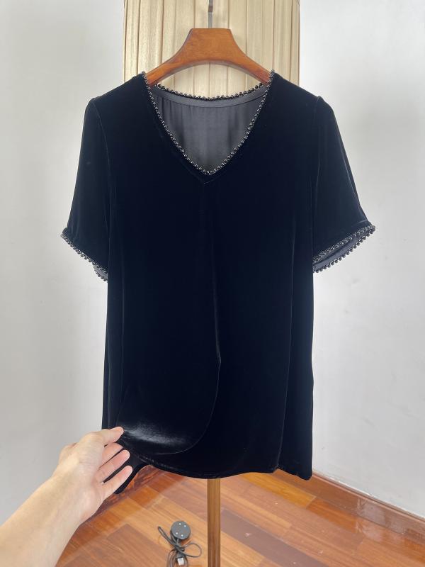 ブラウス 女性用 Vネック 夏 薄手 ビーズ刺繍 ゆったり ドレープ感 シルク ベルベット 半袖 トップス 普段使い 軽量 通気性 再生繊維｜北摂軽太郎便