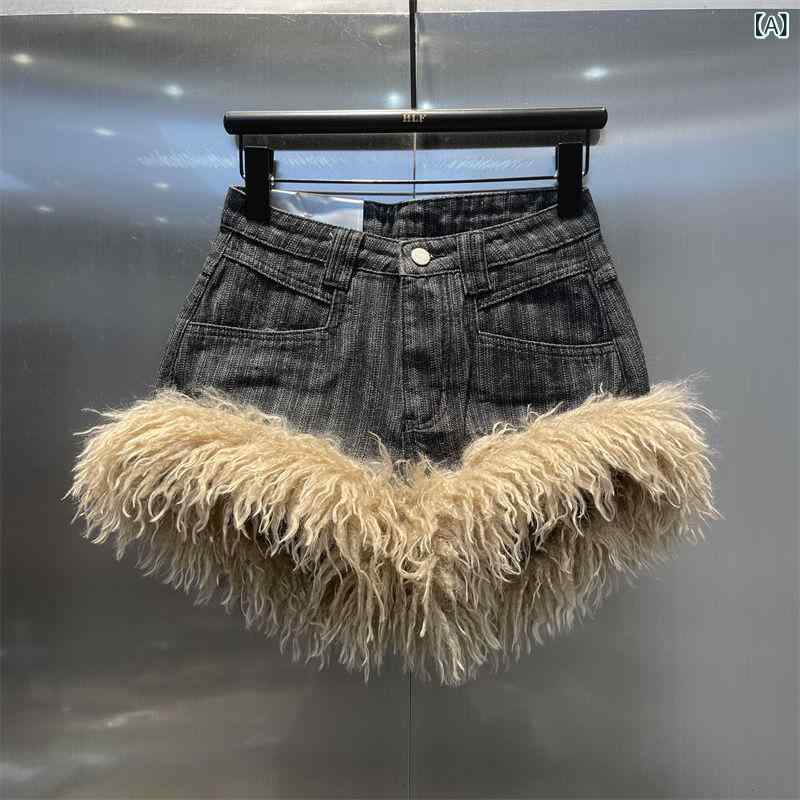 ショートパンツ レディース デニム ハイウエスト 秋冬 レトロ ファー 切り替え スリム 細見え カジュアル 普段使い ストレッチ 素材 ブルー系