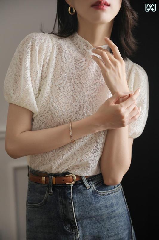 ニットトップス レディース パフスリーブ 短袖 透け感 刺繍 デザイン 薄手 軽量 個性的 ユニーク 切り替え ニット生地 トップス ブラウス かわいい 普段使い カジュアル
