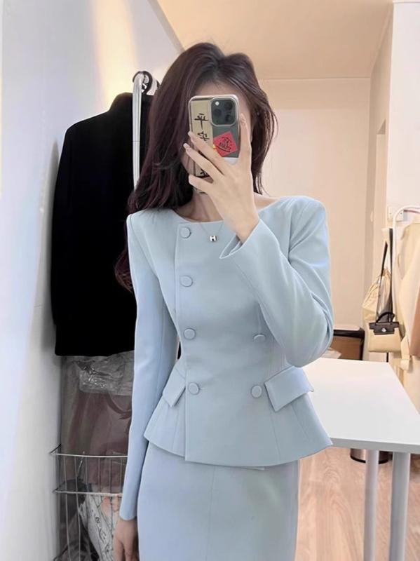 レディース スーツ セットアップ スカート ライトブルー 春秋 ビジネス 職業服 高級感 上品 スリムフィット スタイル 洗練 軽量 ストレッチ 通勤 普段使い|北摂軽太郎便
