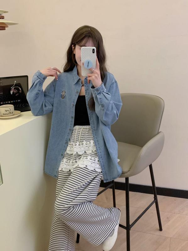 デニム シャツ クマ 刺繍 ゆったり 長袖 カーディガン ジャケット 男女兼用 カジュアル ルーズフィット トップス 春 ウォッシュ加工 ストリート 普段使い