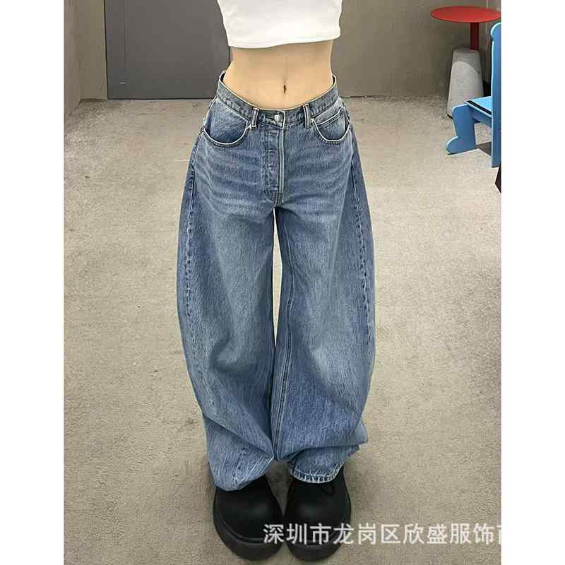 レディース ジーンズ 広広としたズボン下 ゆったり ロング丈 うしろ側 生産ライン石ころ かざり付ける 特殊  御前上等感 伸ばすこと 原料品 普段使い