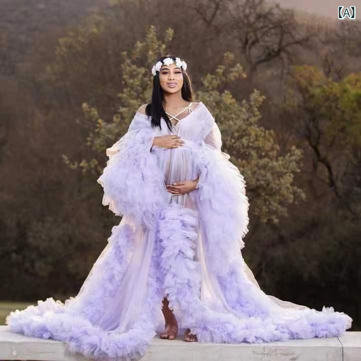 妊婦用 ウェディングドレス ラベンダーカラー 長袖 チュール素材 甘めデザイン 軽量 スタジオ撮影用 夕礼服 マタニティ 結婚式 フォーマル｜北摂軽太郎便