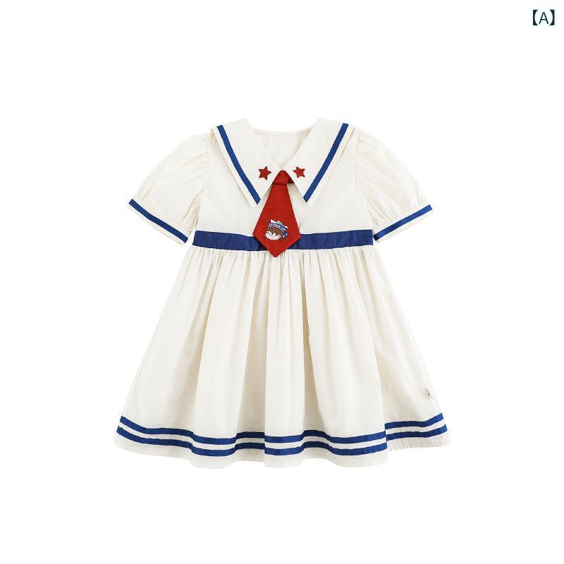 女の子 夏用 セーラースタイル 背心ワンピース 海テーマ コントラスト リボン 青白 ストライプ かわいい ビーチ 普段使い 軽量 コットン 通し 良い